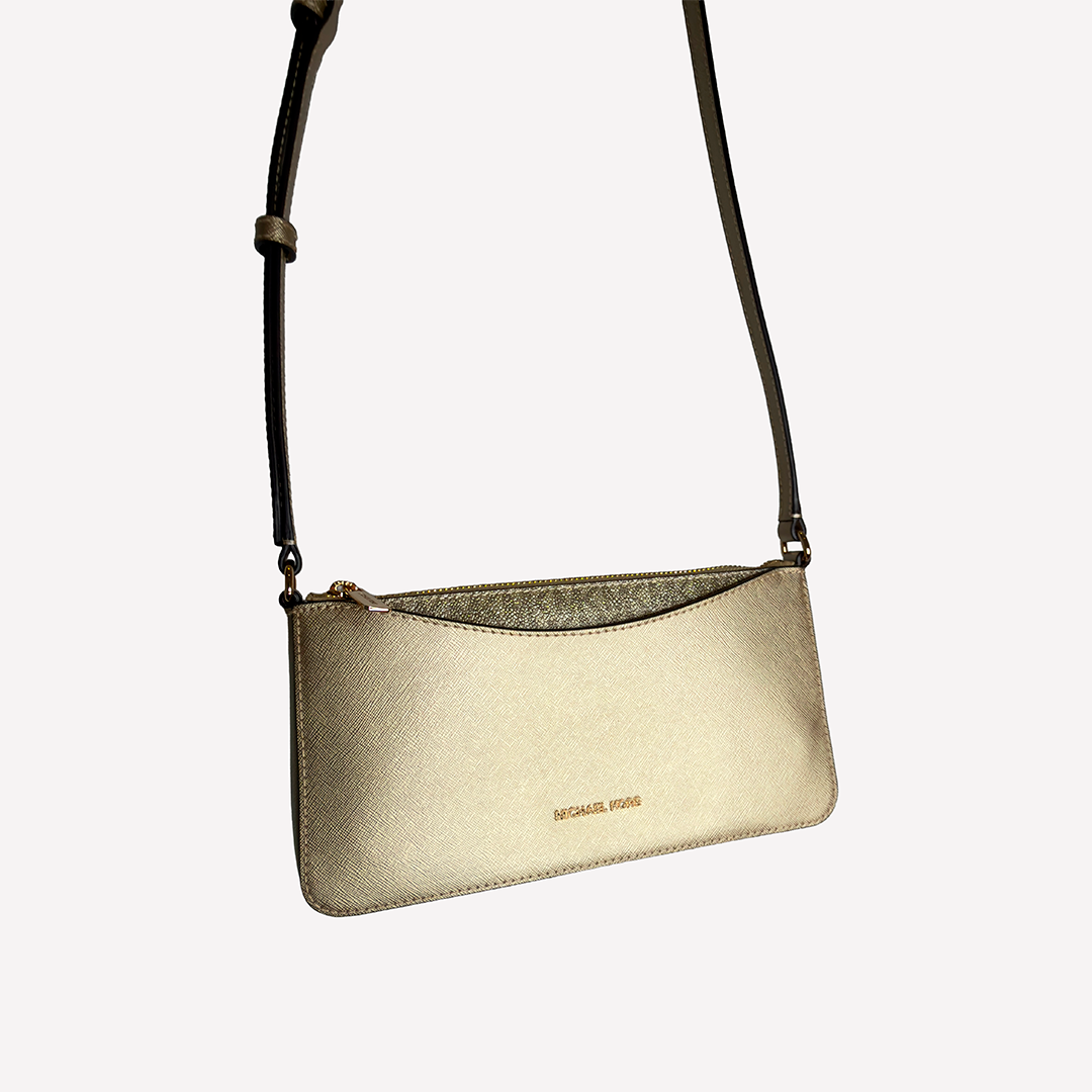 MK Arden Metallic Top-Zip Statchel Pale Gold Small