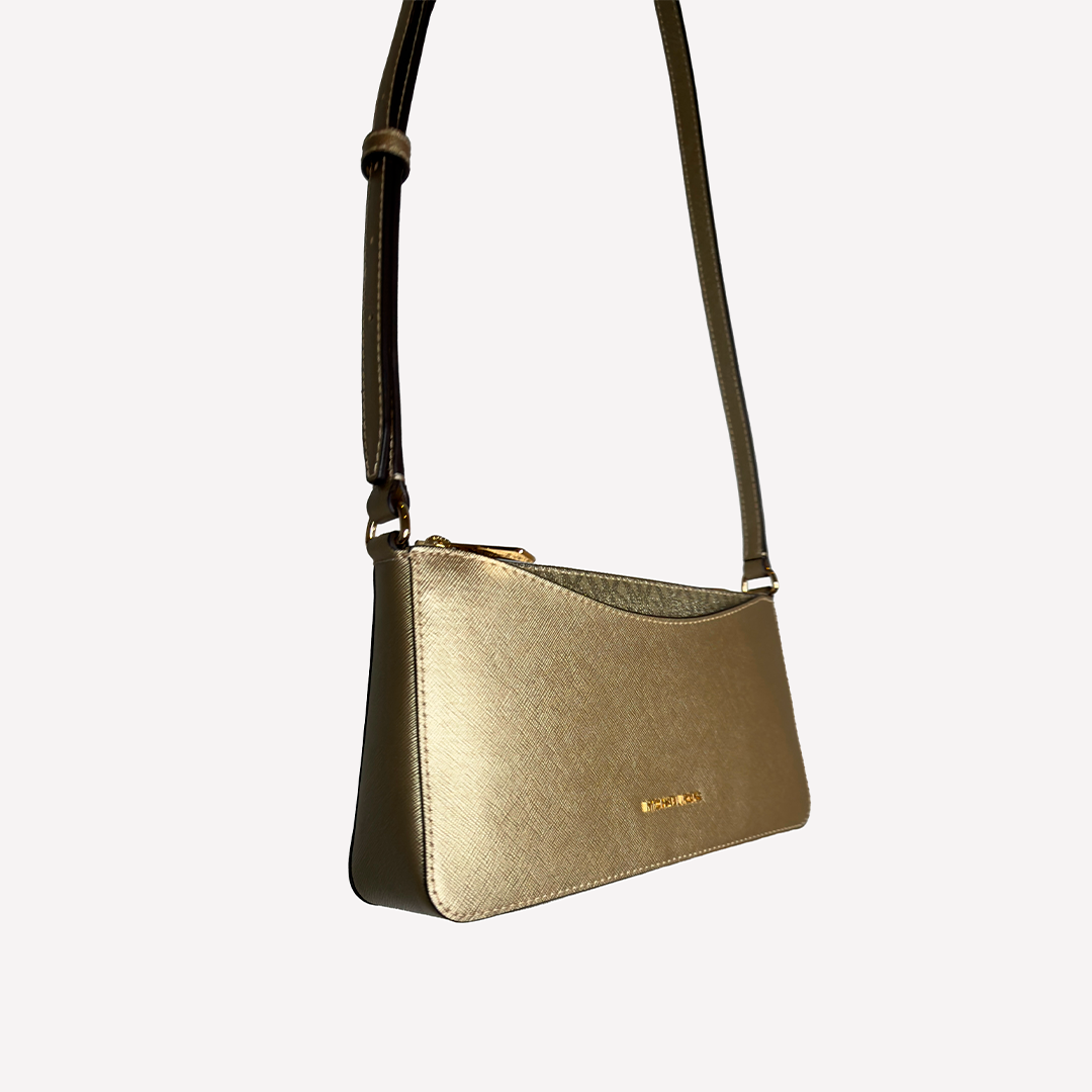 MK Arden Metallic Top-Zip Statchel Pale Gold Small